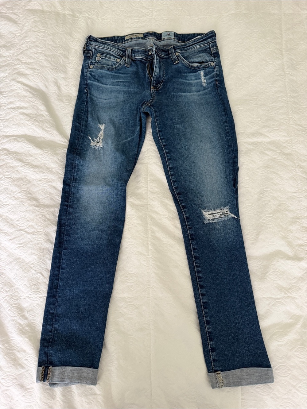 Ag Adriano Goldschmied Distressed Dark Blue Boyfriend Jeans